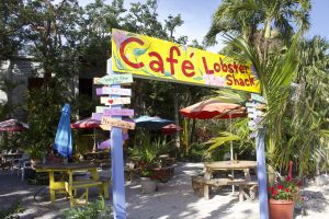 Picnic tables and umbrellas at Cafe Lobster Shack