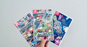 Three popular video games: Mario Kart, Mario Party, and Just Dance 2022