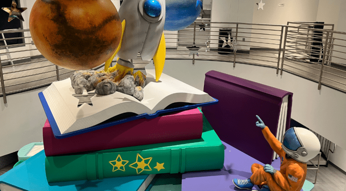 A 2-story sculpture inside the Homestead Cybrarium