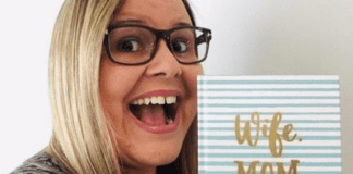 Stress-Busting Tips for Busy Moms Vanessa, holding a journal that reads "Wife. Mom. Boss."