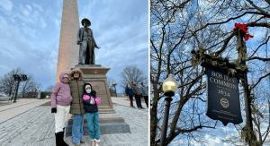 Vanessa and her girls on the Freedom Trail, and a sign for Boston Commons