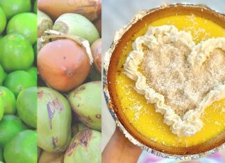 Limes, coconuts, and someone holding a coconut key lime pie