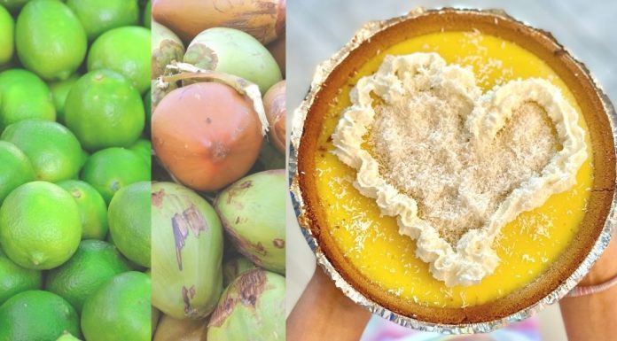 Happy Pi Day: Easy Coconut Key Lime Pie Recipe Limes, coconuts, and someone holding a coconut key lime pie