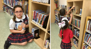 Image: Two children choosing books at the Pinecrest library