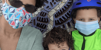 Lynda and her kids wearing their masks (Back to School: Helping Your Kids Succeed | Dr. Bob Pediatric Dentist Lynda Lantz Contributor Miami Mom Collective)