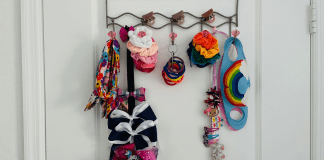 DIY Hair Accessory Organizer An example of a DIY hair accessory organizer for hair bows, hair ties, scrunchies, and face masks