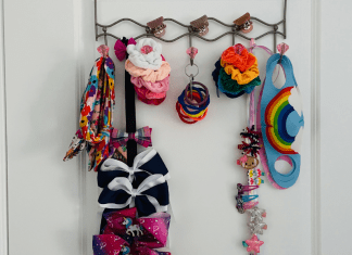 DIY Hair Accessory Organizer An example of a DIY hair accessory organizer for hair bows, hair ties, scrunchies, and face masks
