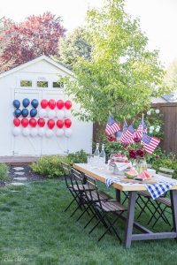 A red, white, and blue balloon flag