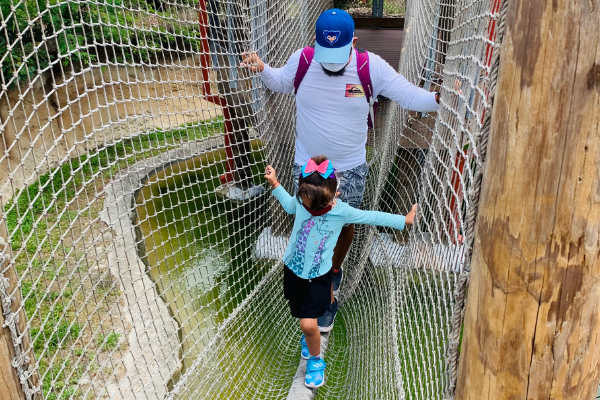 Image: A father and daughter cross the rope bridge at Zoo Miami
