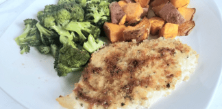 Creamy Crunchy Baked Chicken Image: A dinner plate with baked chicken, broccoli, and sweet potatoes (Creamy Crunchy Baked Chicken Dina Garcia Contributor Miami Mom Collective)