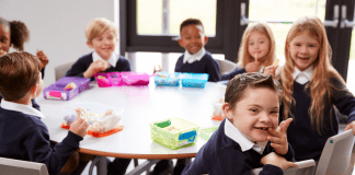 Image Description: several diverse children sit together at a school table for lunch