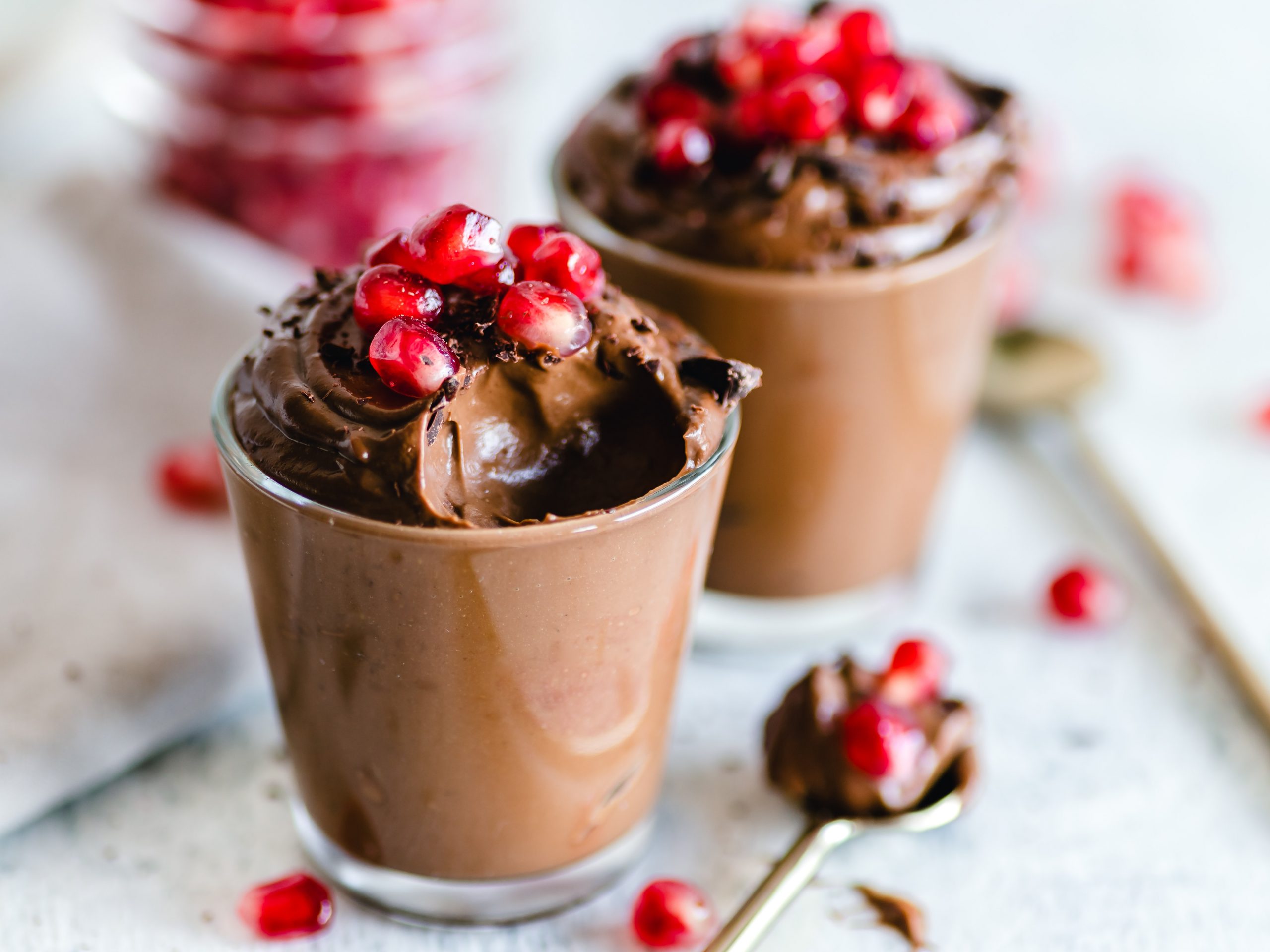 Chocolate mousse cups topped with pomegranate seeds (Chocolate Mousse: A Yummy Way to Share the Love Adita Lang Contributor Miami Mom Collective)