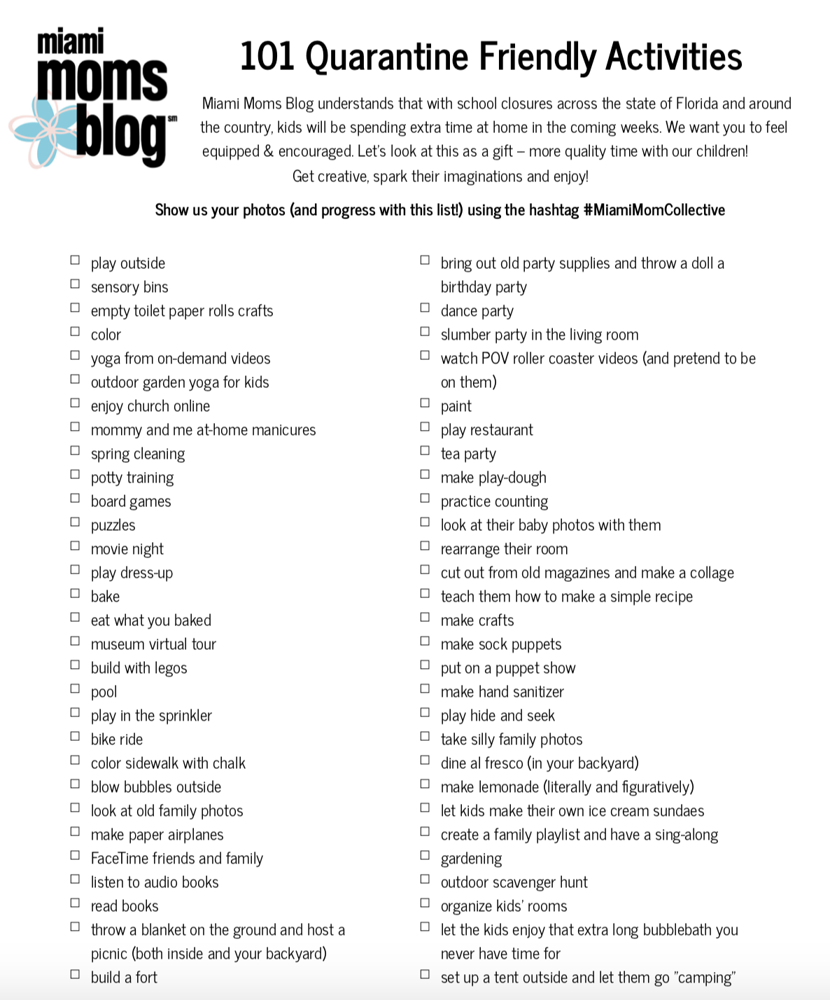 101 Quarantine Friendly Activities Miami Moms Blog 