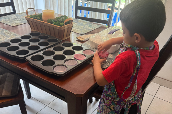 A homeschool neurodivergent child is learning life skills. He is placing cupcake liners in a cupcake tray ready for baking.