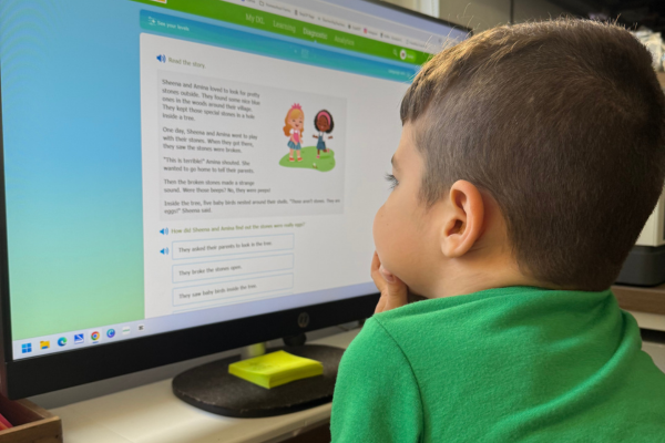 A homeschool neurodivergent child is looking intently at a computer screen while completing a reading assessment.