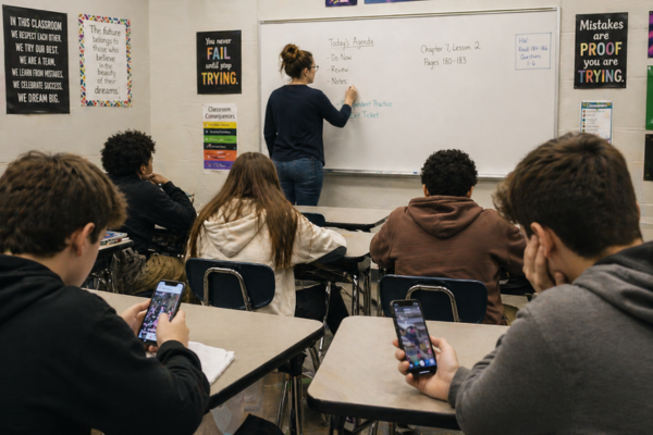 A teacher is writing on the white board in front of the classroom. Two students in the back of the room are scrolling through social media on their phones. 