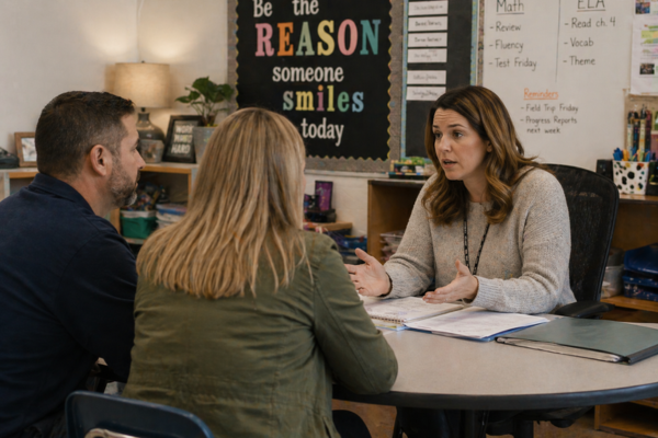 A teacher is sitting at a half circle table across from parents conducting a parent teacher conference. 