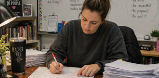 A tired teacher is grading a large stack of papers on her desk.