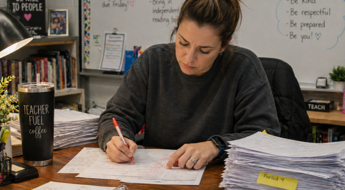 A tired teacher is grading a large stack of papers on her desk.