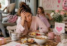 Overwhelmed mom with two kids in the background on Mother's Day