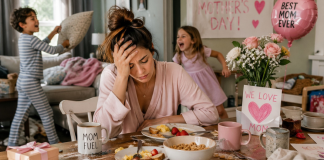 Overwhelmed mom with two kids in the background on Mother's Day