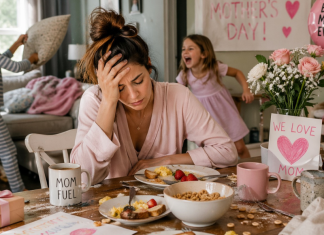 Overwhelmed mom with two kids in the background on Mother's Day