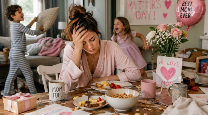 Overwhelmed mom with two kids in the background on Mother's Day