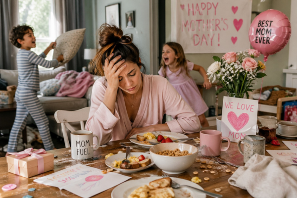 Overwhelmed moms with two kids in the background on Mother's Day 