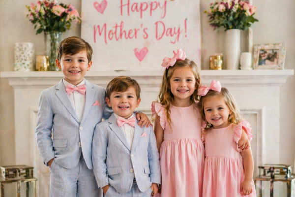 Two boys and two girls in perfectly matched outfits on Mother's Day 