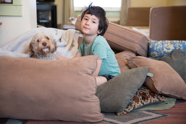 Little kid with dog building a sofa fort