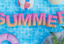 Summer Planning: 6 Tips for When Kids are Home Image: Inflatable letters spelling out SUMMER float on the surface of a pool, framed by beach balls and an inner tube