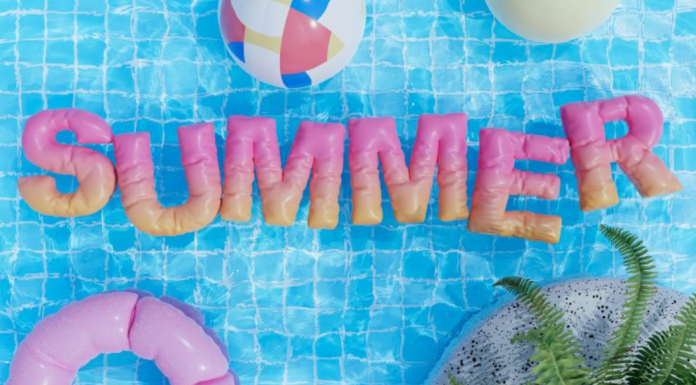Summer Planning: 6 Tips for When Kids are Home Image: Inflatable letters spelling out SUMMER float on the surface of a pool, framed by beach balls and an inner tube