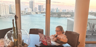 Image: A child sits in front of an open laptop with a view of a skyline behind him