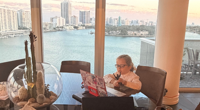 Image: A child sits in front of an open laptop with a view of a skyline behind him