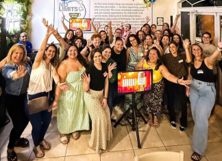 Image: A group of special needs moms are gathered around a karaoke screen for a fun night out.