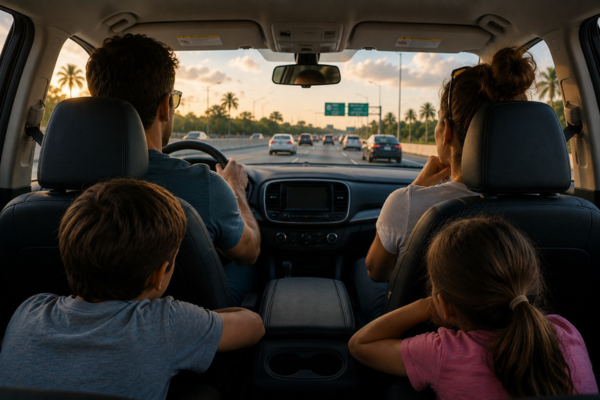 Man, woman, boy and girl in a car on the highway