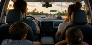 Man, woman, boy and girl in a car on the highway