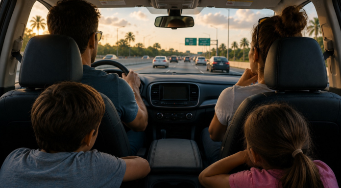 Man, woman, boy and girl in a car on the highway