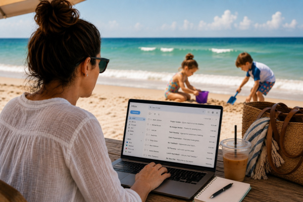 Woman in front of computer with two kids playing in the beach