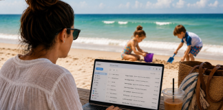 Woman in front of computer with two kids playing in the beach