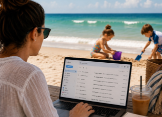 The Great Summer Guilt Trip Woman in front of computer with two kids playing in the beach