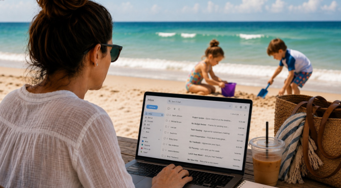 The Great Summer Guilt Trip Woman in front of computer with two kids playing in the beach