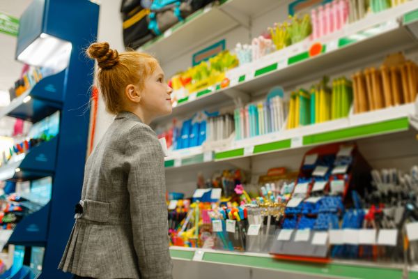 Little girl dressed in a suit looking at school supplies 