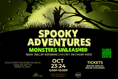 Gold Coast Railroad Museum Graphic, 2026 Fall Events & Activities Guide Image: Graphic for the Spooky Adventures event at Gold Coast Railroad Museum, October 23 & 24