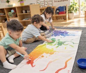 Image: Three children painting on butcher paper