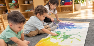 Image: Three children painting on butcher paper